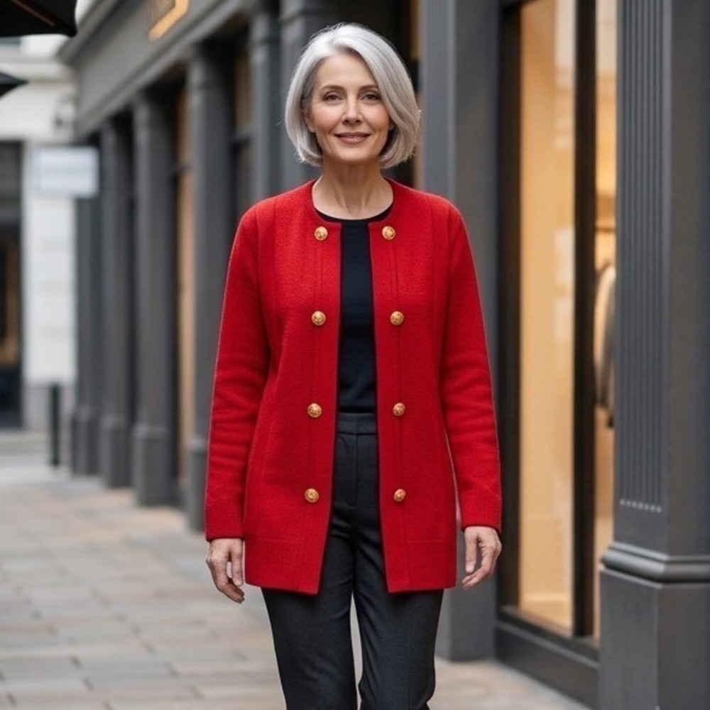 Vintage Carine‎ Paris Red Knit Wool Cardigan Jacket Gold Anchor Buttons Womens L